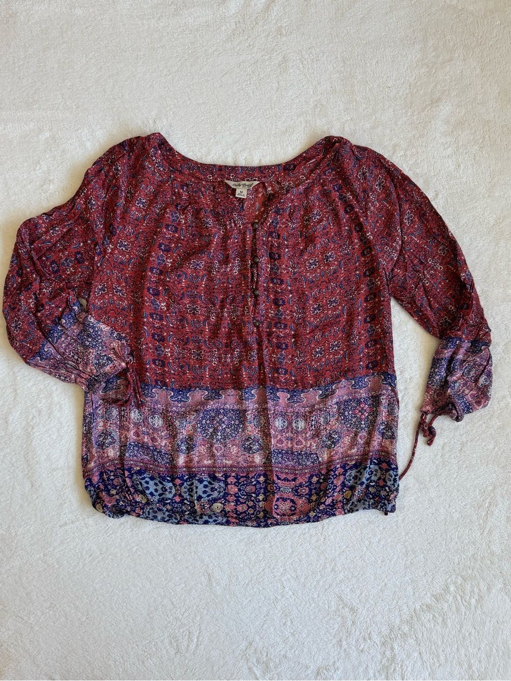 Lucky Brand Paisley Border Print Peasant Blouse Red Blue Boho Long Sleeve M